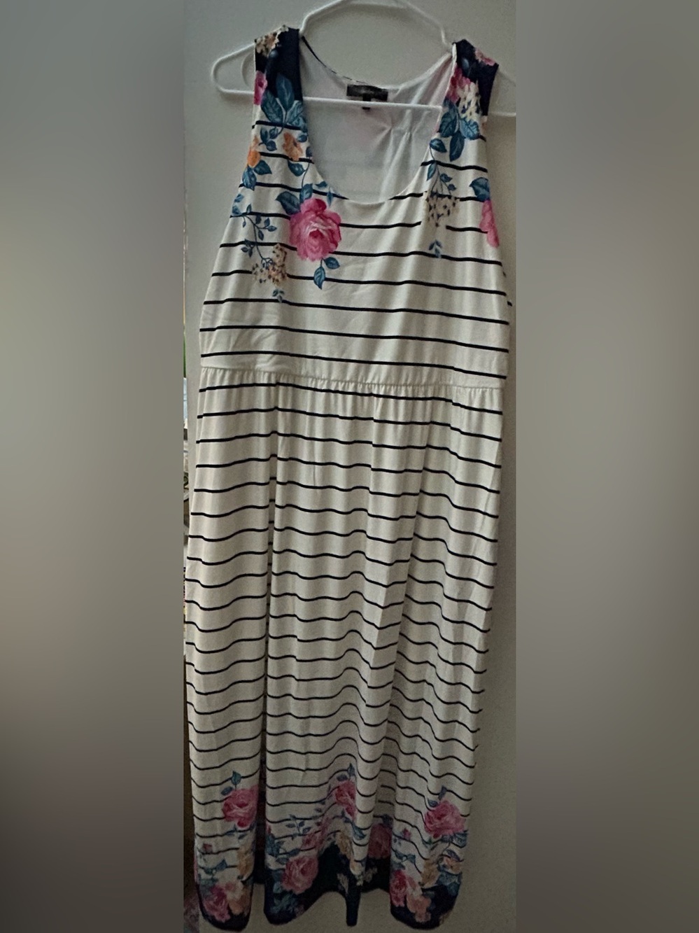 Striped Floral Maxi Dress - Navy & White with Pink Roses - Andre by Unit size 2x